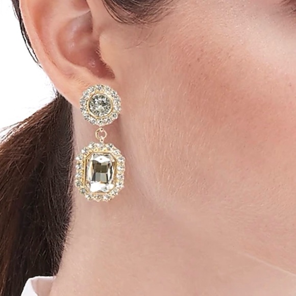J. CREW Crystal Drop Earrings Gold Plated Emerald Cut Crystal Pierced Push Back - Picture 1 of 6